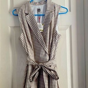 Anne Klein NWT Women’s OysterShell/White Polka Dot Waist Tie ALine Dress size 14